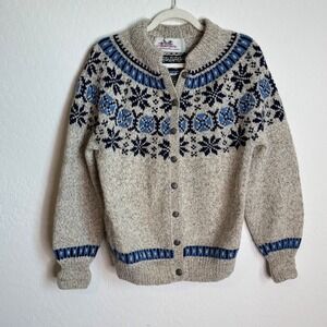 Danspin Vintage Hand Knitted Denmark Wool Nordic Fair Isle Cardigan Sweater 90s